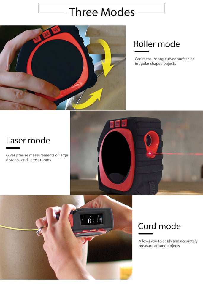 3 em 1 -  Fita Métrica Digital - Modo rolo, cabo e laser